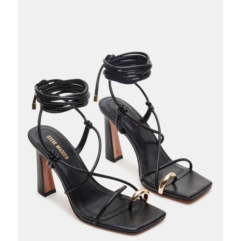 Steve Madden Black Lace-Up Heel Sandals with Gold Accent